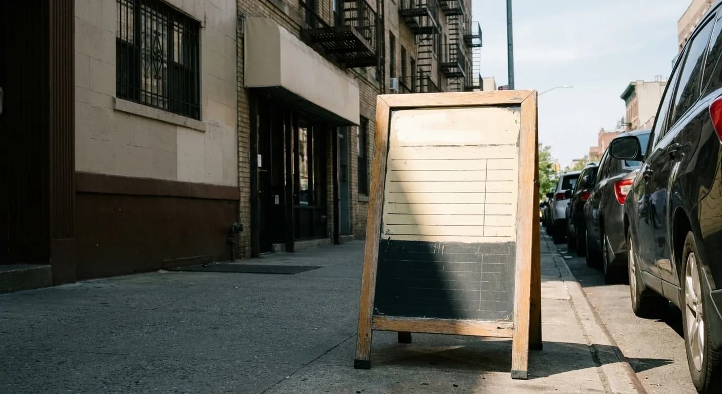 A hand-lettered lunch specials board propped outside an uptown Manhattan storefront