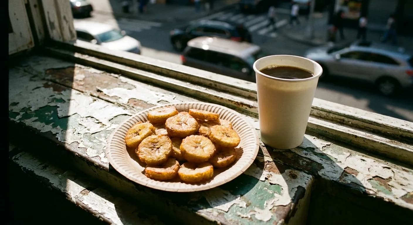 A paper plate of fried plantains and a small cup of coffee on a ledge