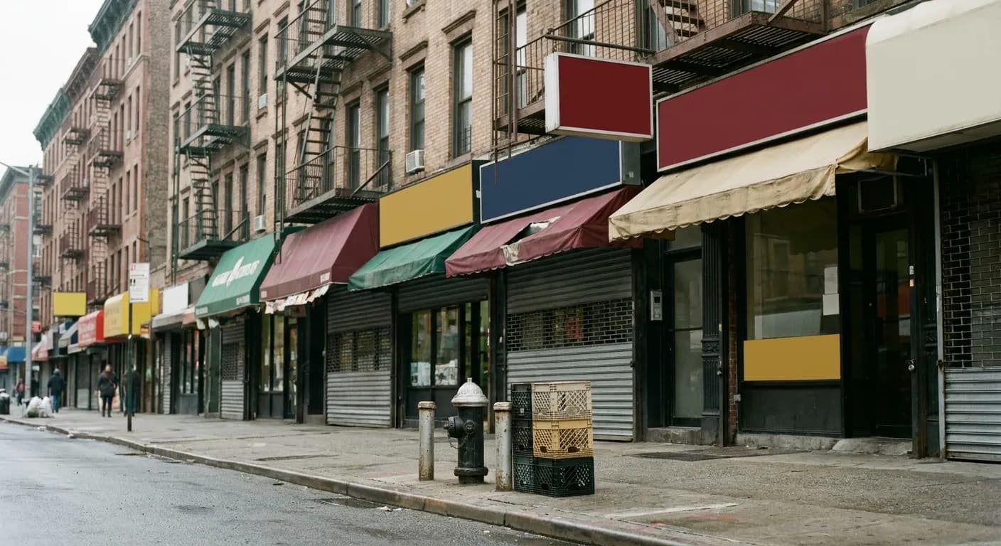 A narrow uptown Manhattan block of small storefronts with awnings in the afternoon