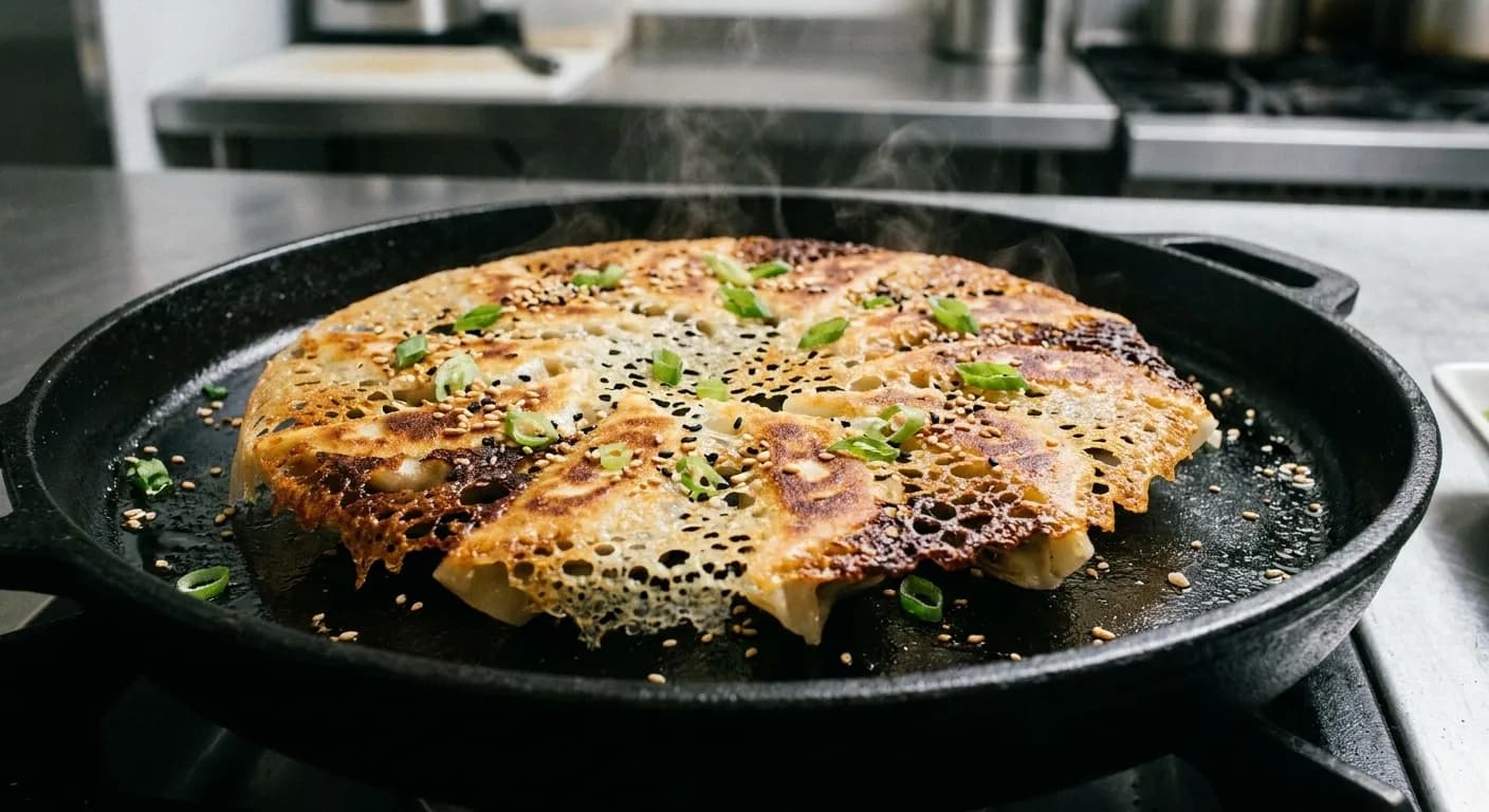 A cast iron pan of dumplings with a lacy browned crust connecting them
