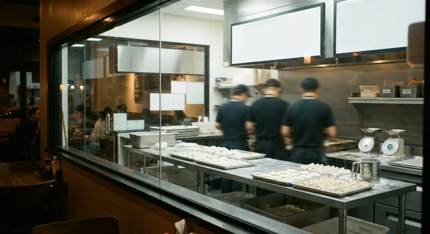 A glass-walled dumpling kitchen with cooks in white caps folding at a long steel bench
