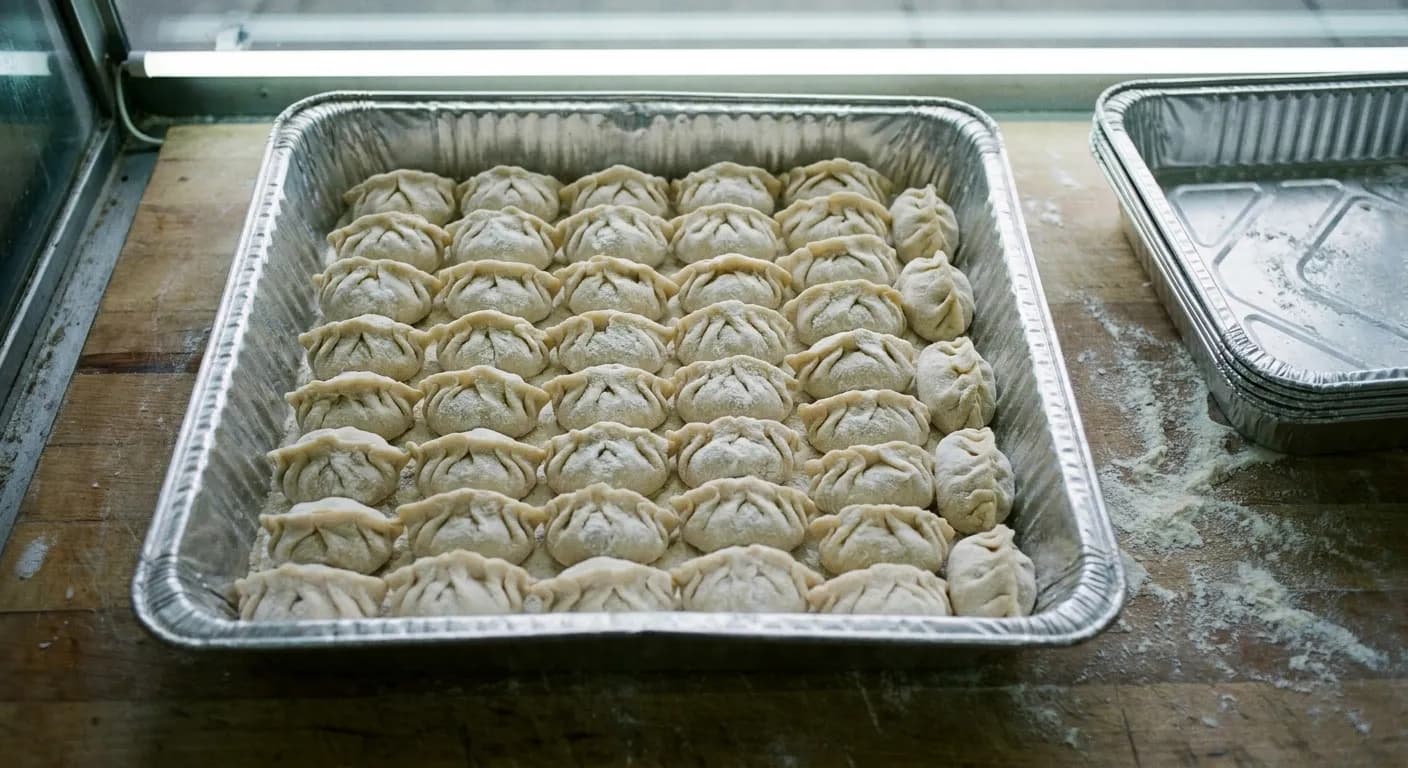 A steel tray of freshly folded raw dumplings on a shop counter