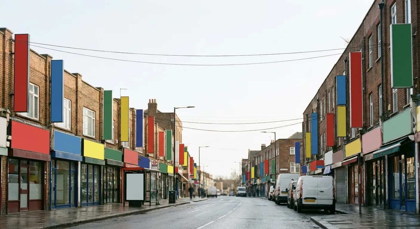 A wide Brooklyn avenue lined with low storefronts and vertical signage under an elevated view