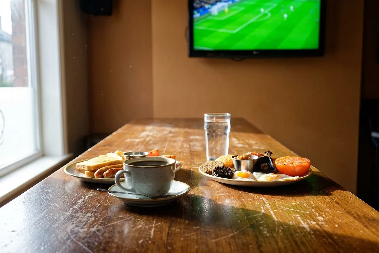 A pub table with breakfast plates and coffee cups in front of a wall-mounted screen