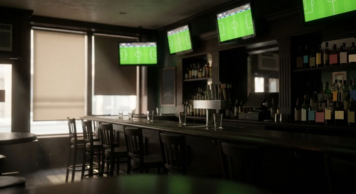 A dim bar interior in the morning with several screens showing a green pitch