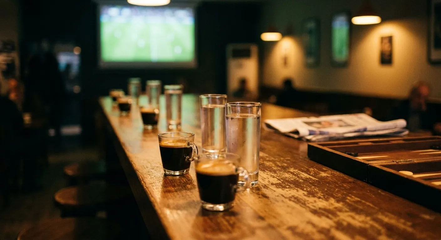 A close view of a bar counter with small coffee cups and a match playing on a screen behind