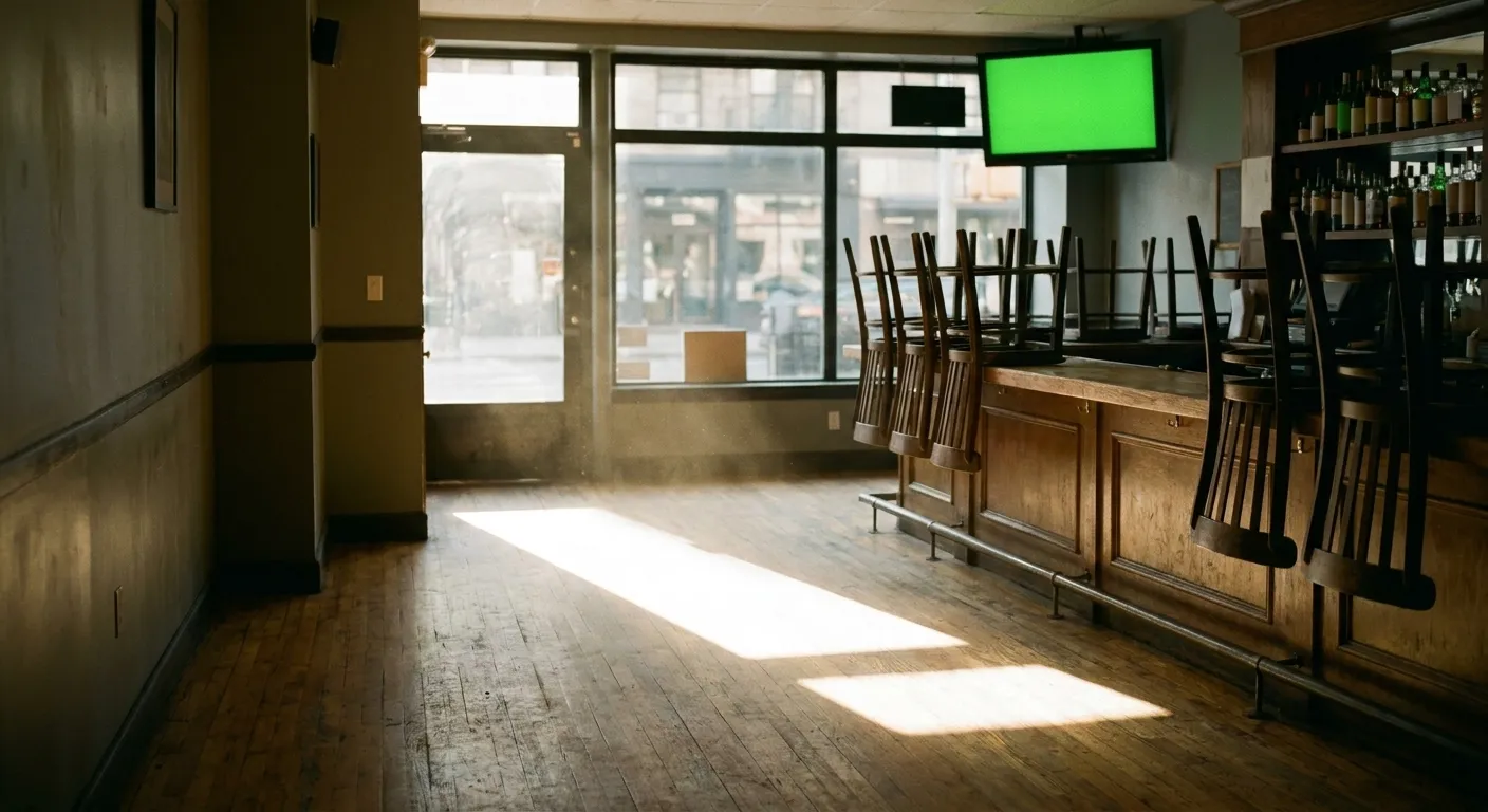 An empty bar in the early afternoon with sunlight on the floor and a screen lit up