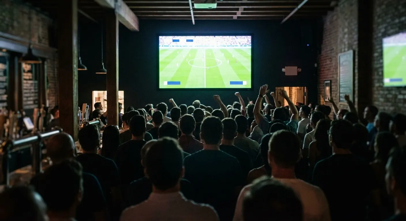 A crowded bar seen from the back with everyone facing one large screen