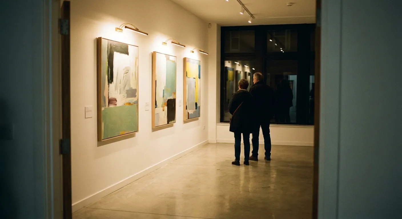 A gallery interior in the evening with a small group of people looking at a wall