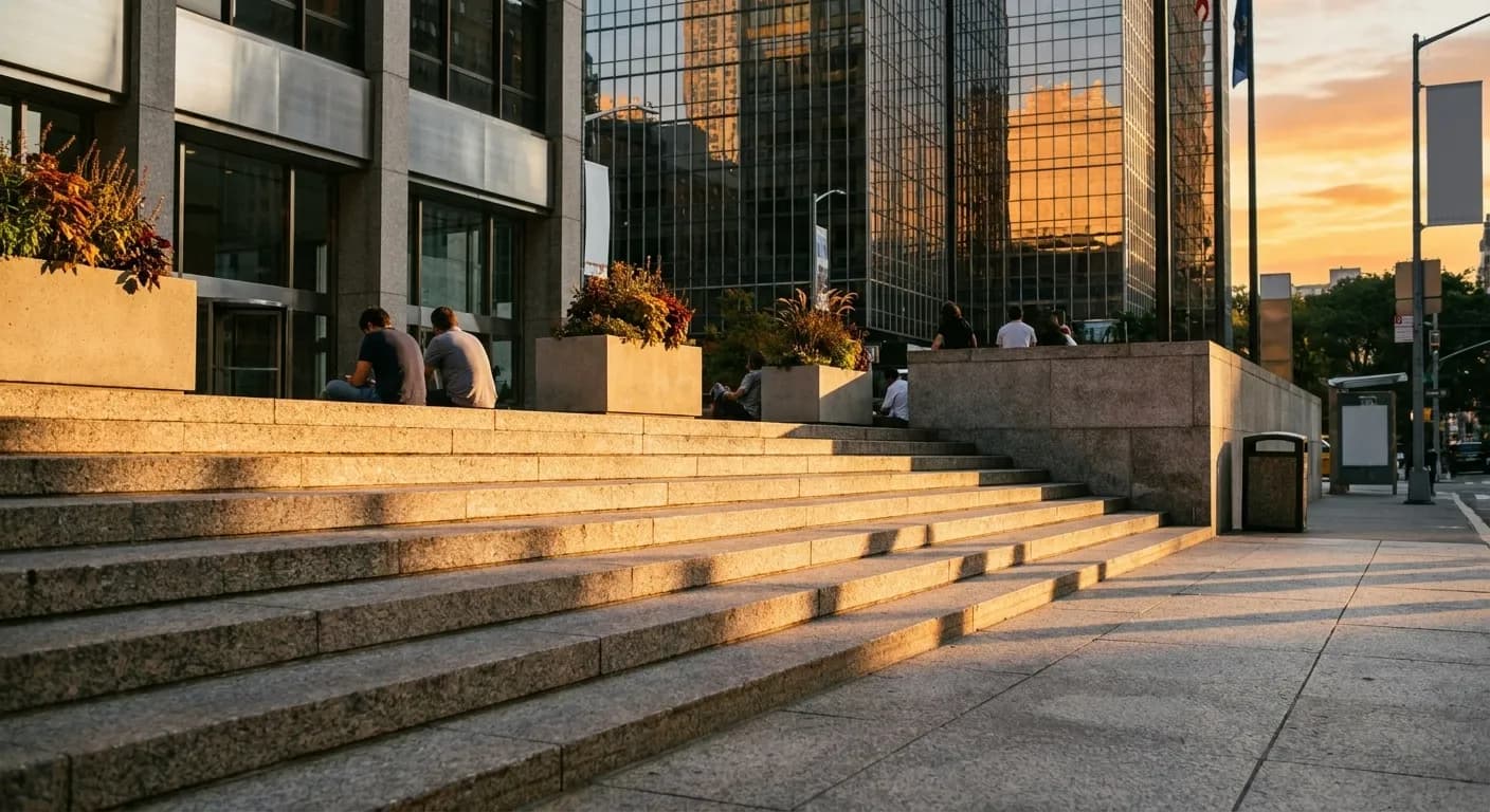 A city plaza in the early evening with people sitting on steps under warm light