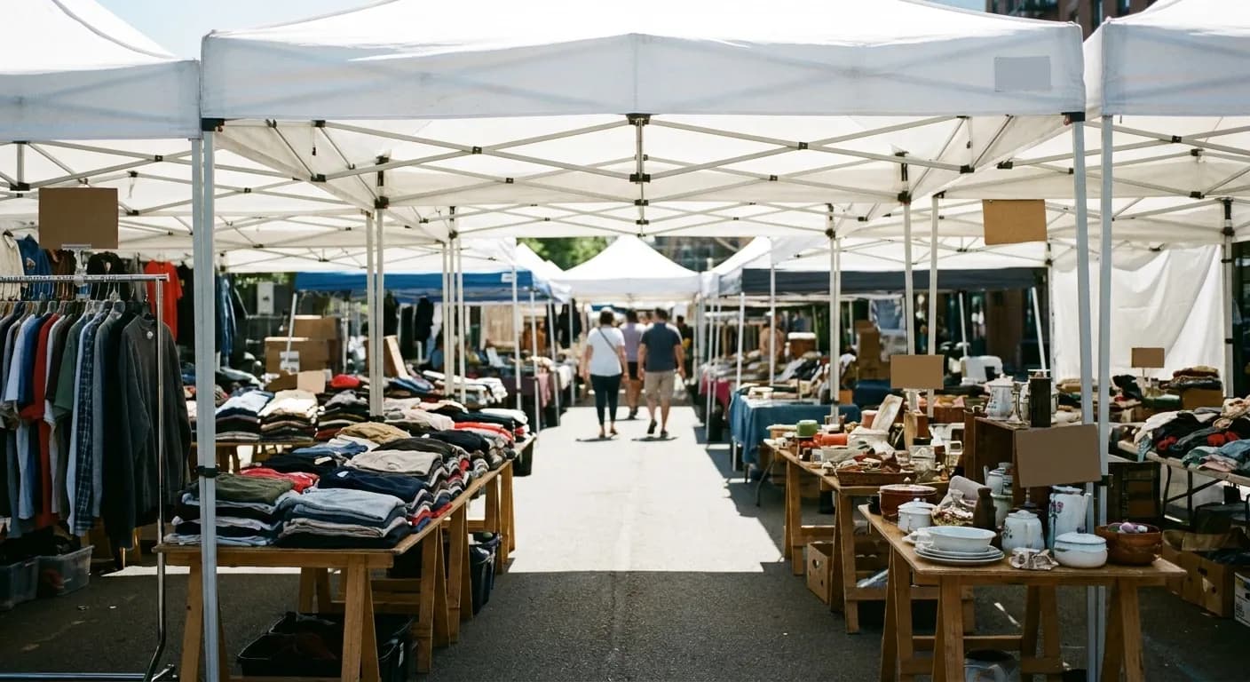 Market stalls under white canopies with people browsing between them