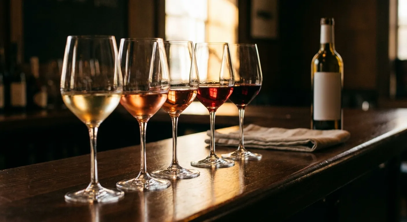 A row of wine glasses lined up on a bar counter with different depths of colour