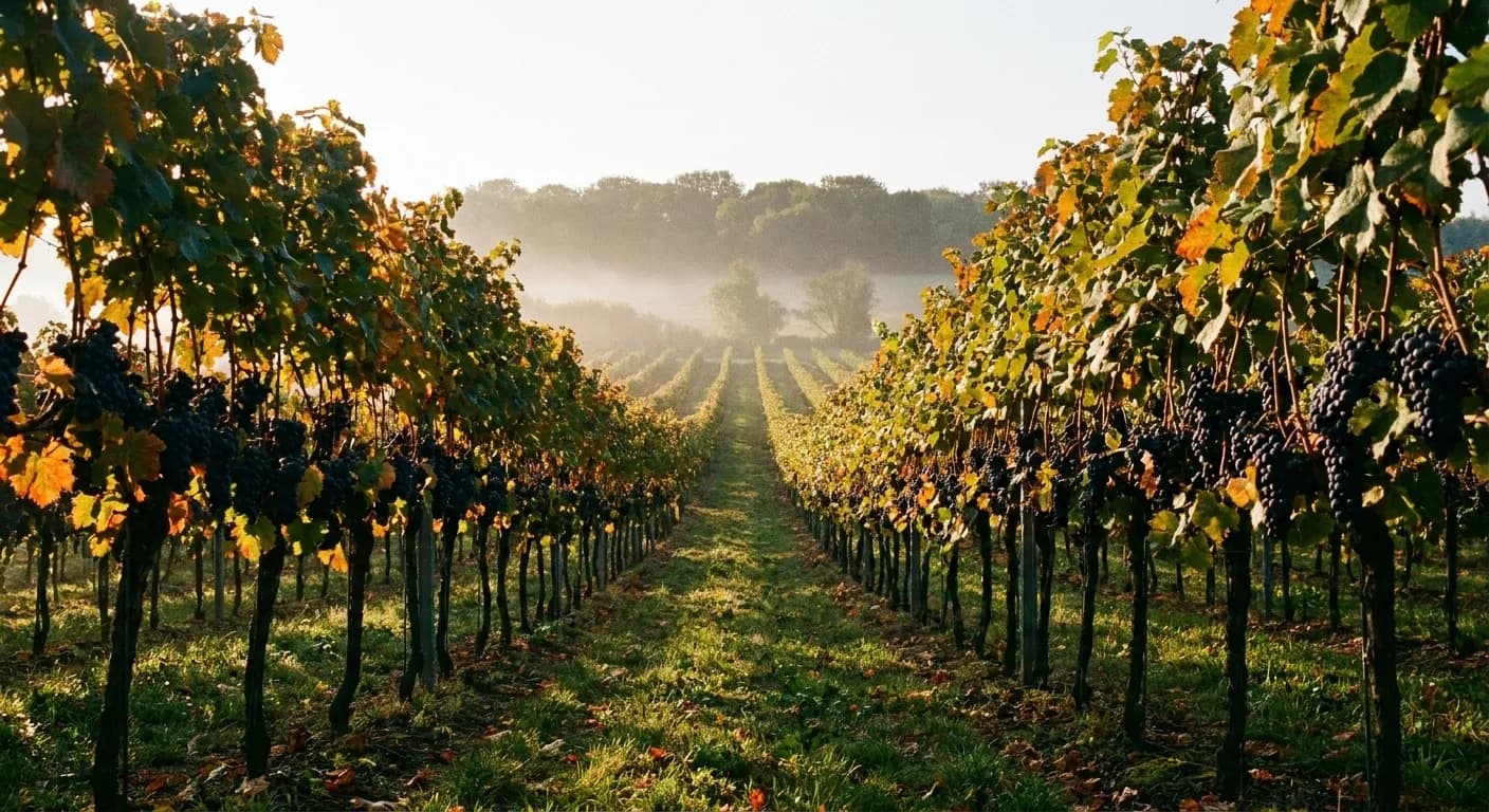 Rows of vines on gently sloping ground with fruit visible and low autumn light
