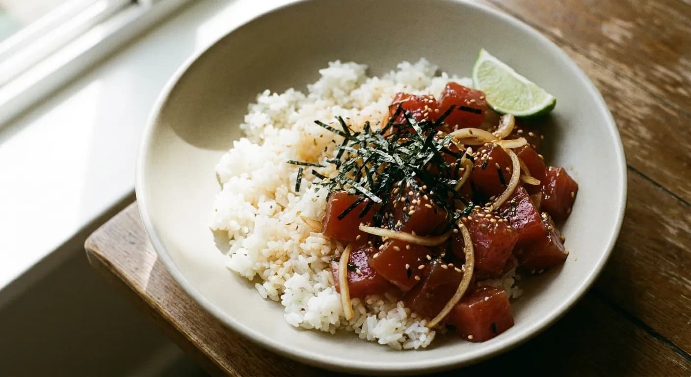 A bowl of rice topped with cubed raw fish, seaweed and sliced onion