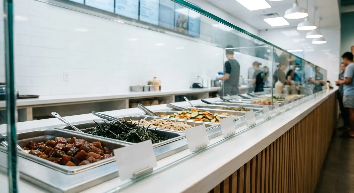 A counter display of stainless inserts holding prepared salads and toppings