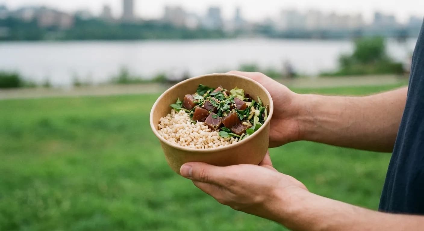 A takeaway bowl held open showing rice, fish and greens, with a river and skyline behind