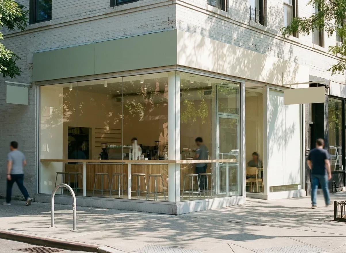 A bright modern counter-service storefront on a Brooklyn corner with large windows