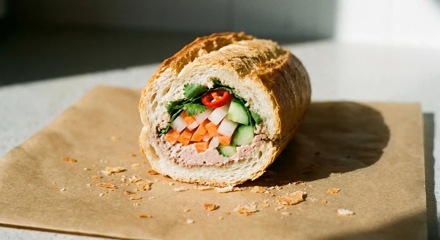 A split baguette sandwich cut across showing pickled vegetables and herbs