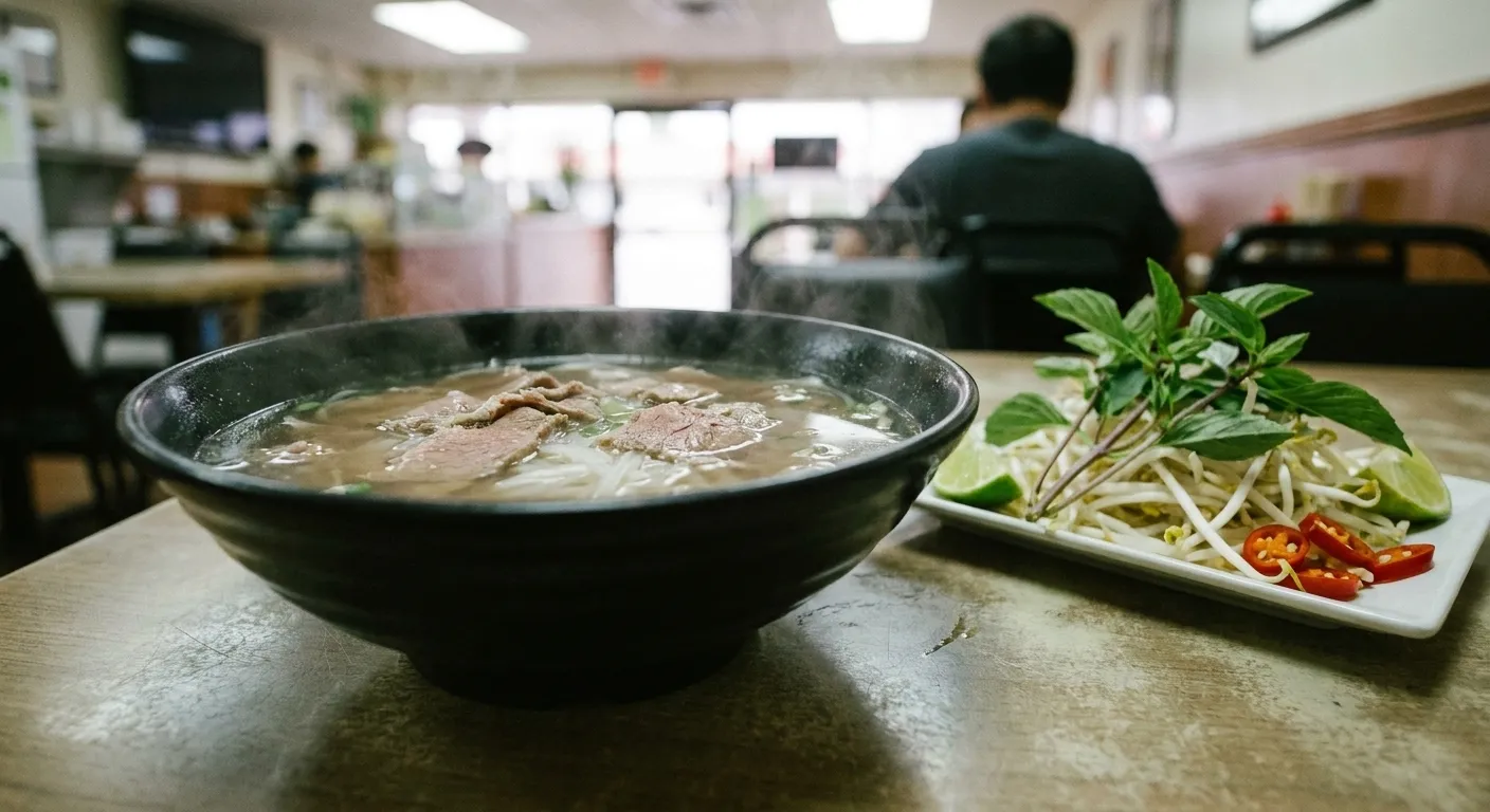 A bowl of noodle soup with a side plate of herbs and lime beside it