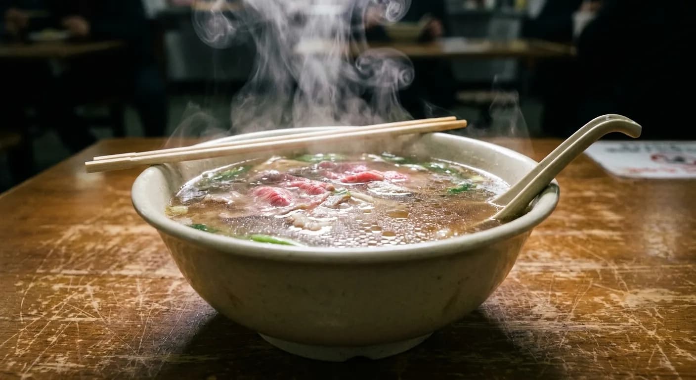 A large bowl of noodle soup steaming, with chopsticks resting across the rim