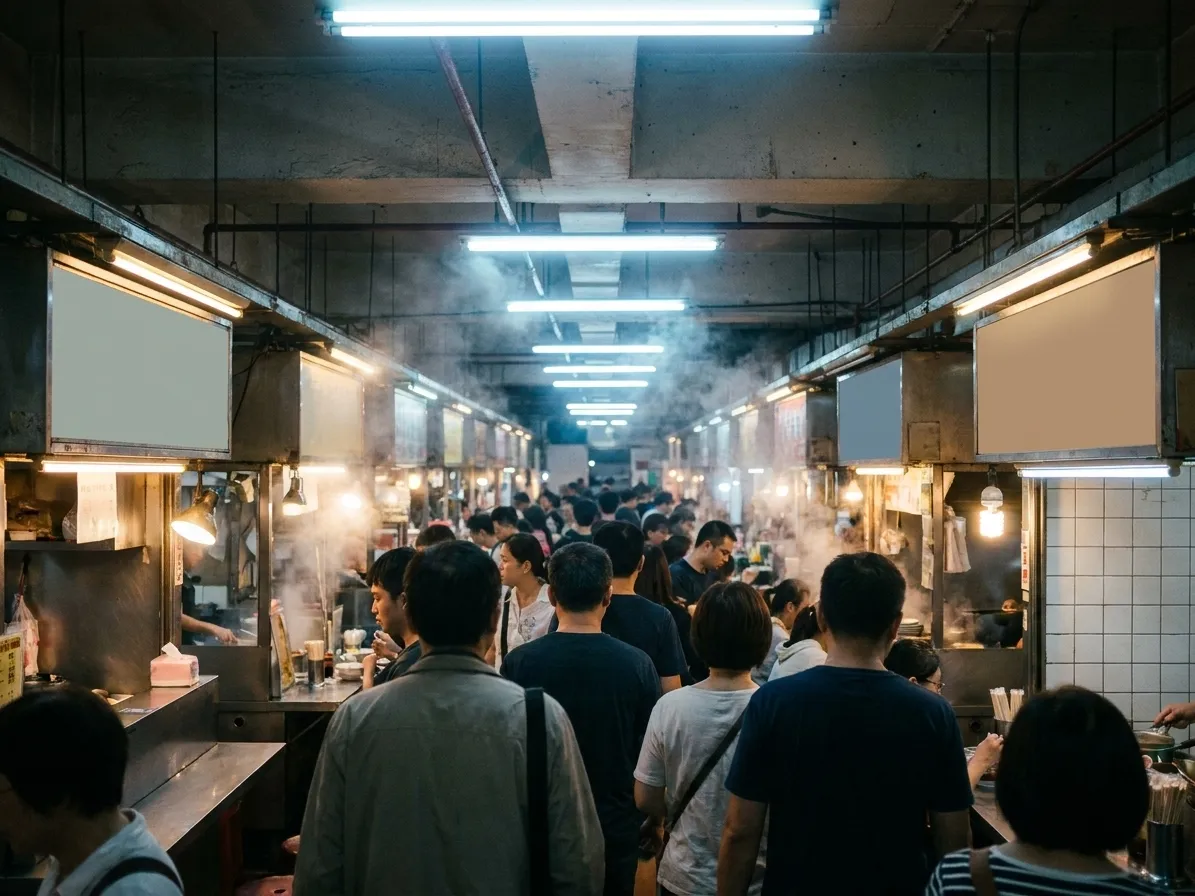 A busy basement food court corridor with counters on both sides