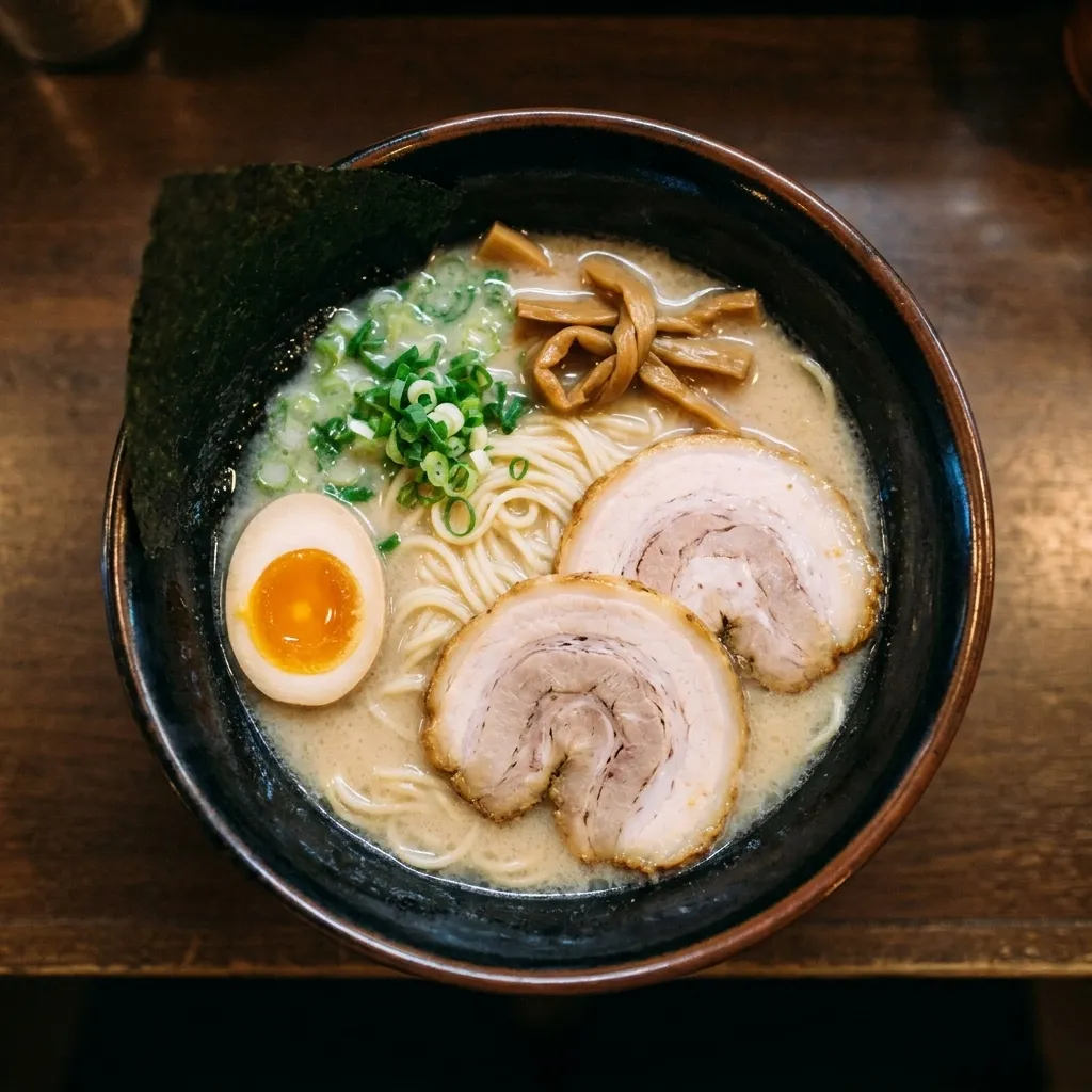 A bowl of ramen from above with a soft egg, sliced pork and nori arranged on top