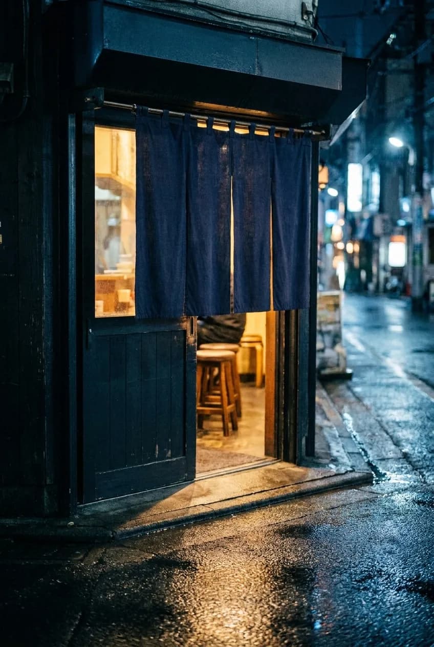 A narrow ramen counter with stools and a curtain over the doorway
