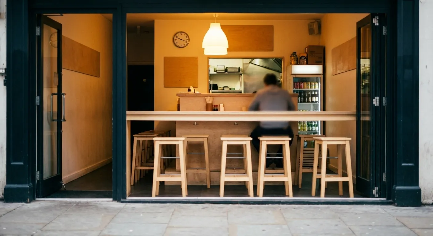 A small counter seen through a doorway with stools and a warm light over it