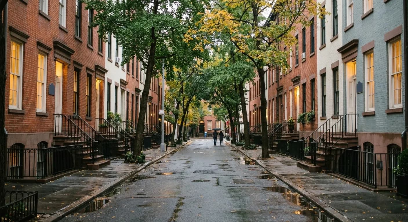 A quiet narrow street of low brick townhouses with trees and basement entrances