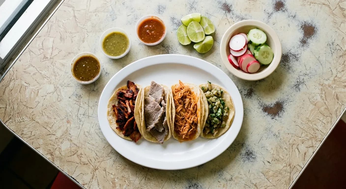 A hand holding two small corn tortillas topped with chopped meat, onion and coriander