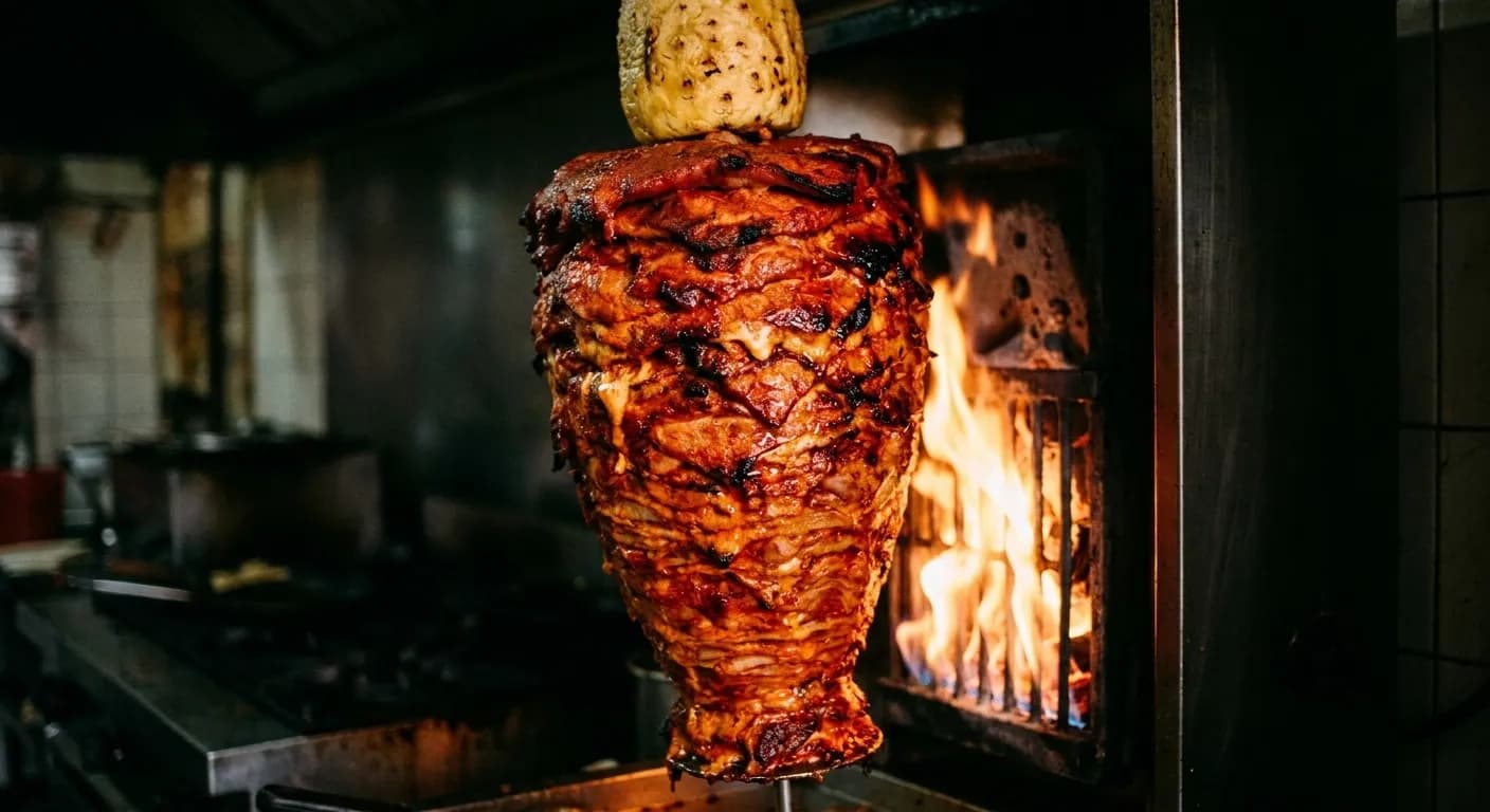 A vertical spit of stacked marinated meat turning beside a griddle