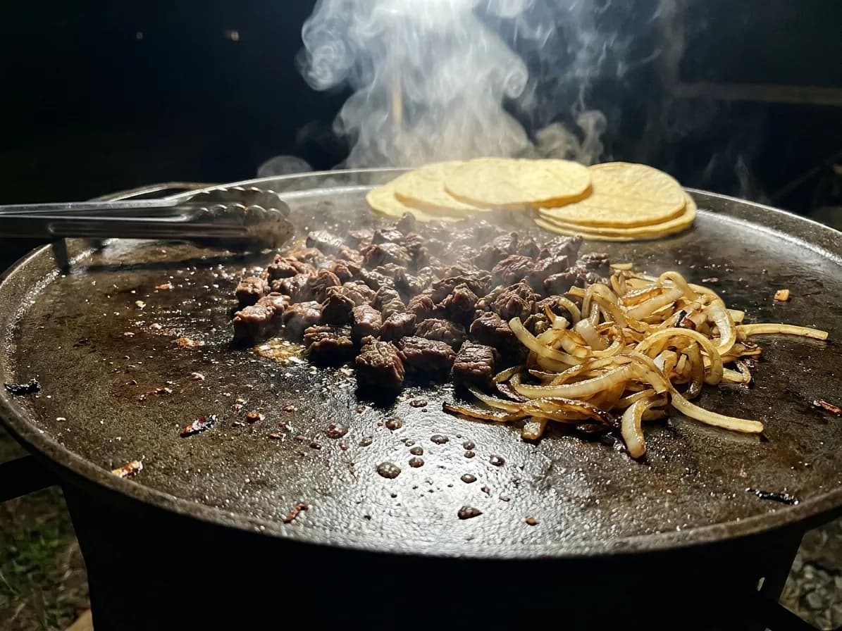 A griddle top with meat and onions cooking, tongs resting at the edge