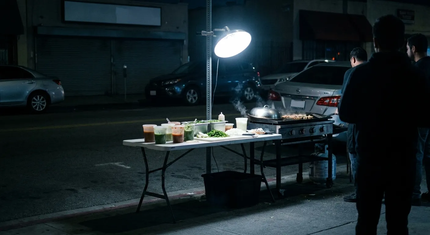 A folding table taco stand set up on a pavement at night under a work light