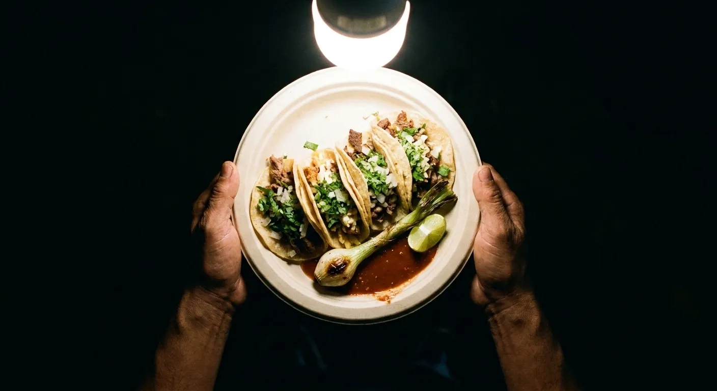 A paper plate of tacos held under a bright overhead light in the dark
