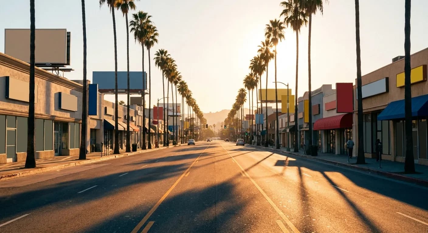 A wide Los Angeles boulevard at golden hour with palms along the median