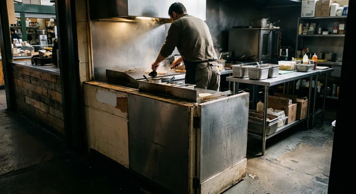A lunch counter with a row of stools and a cook working behind it