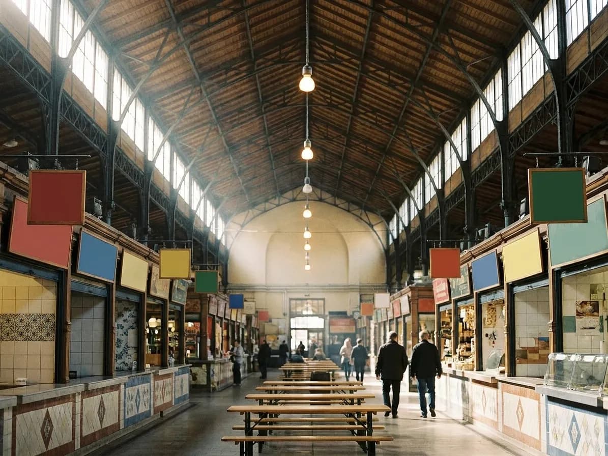 A high-ceilinged market hall with tiled stalls and hanging signage boards
