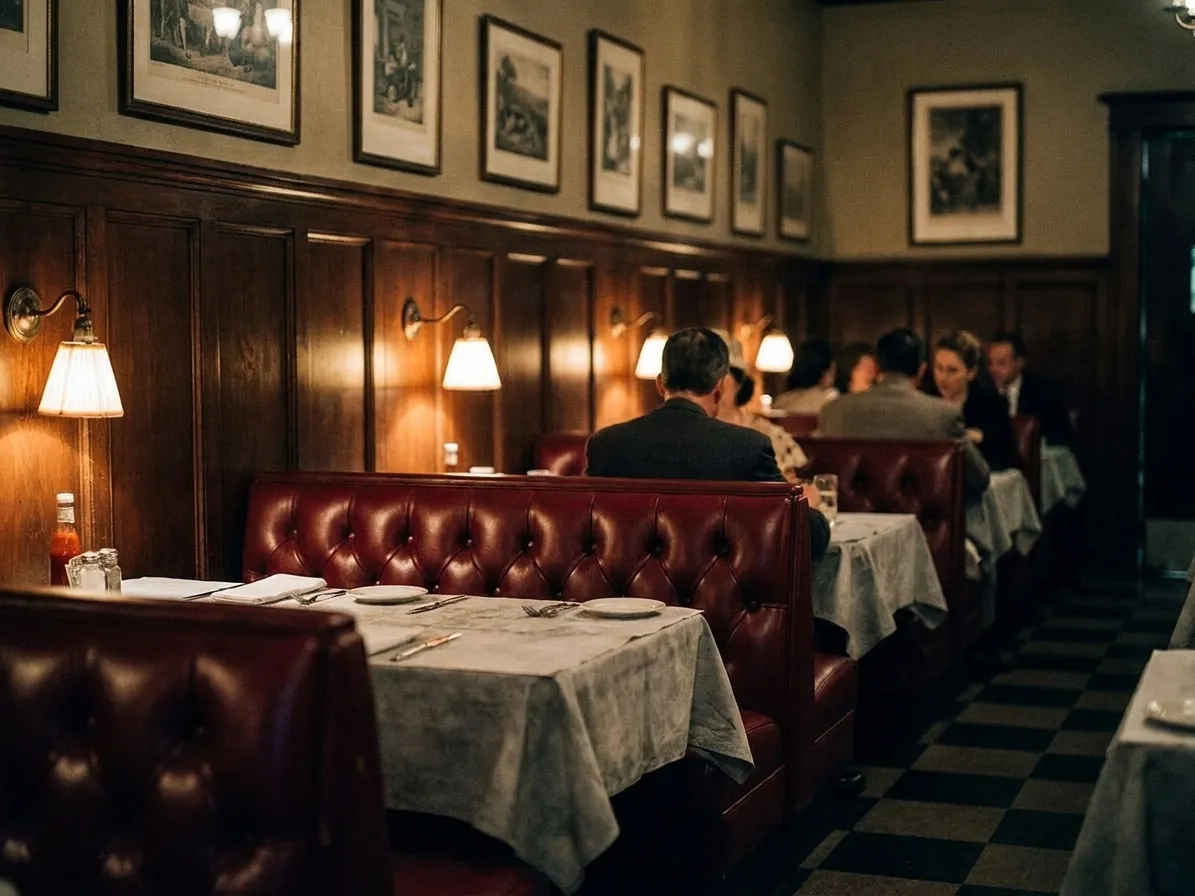 A dining room seen from a corner booth with warm lamps and dark wood panelling