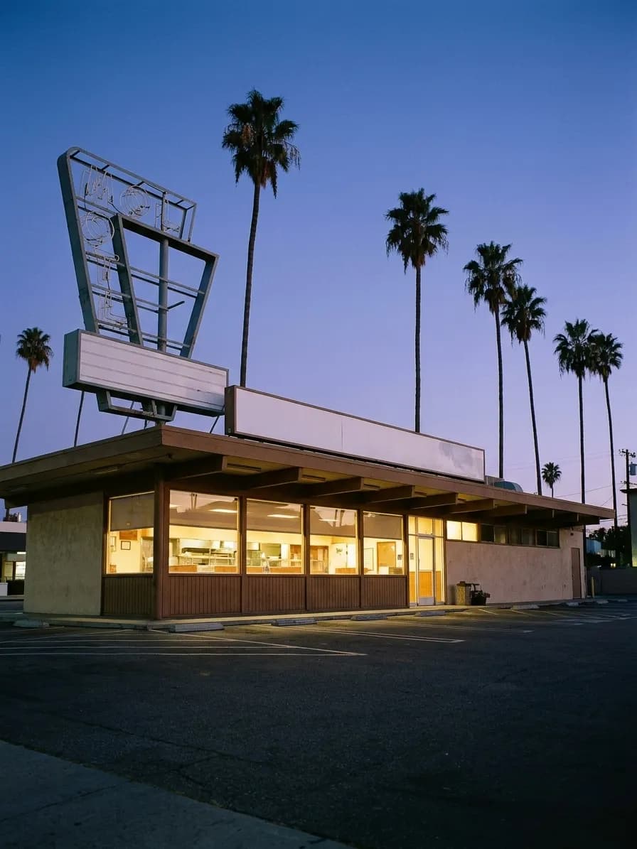 A mid-century restaurant exterior with a neon-shaped sign frame and a low roofline at dusk