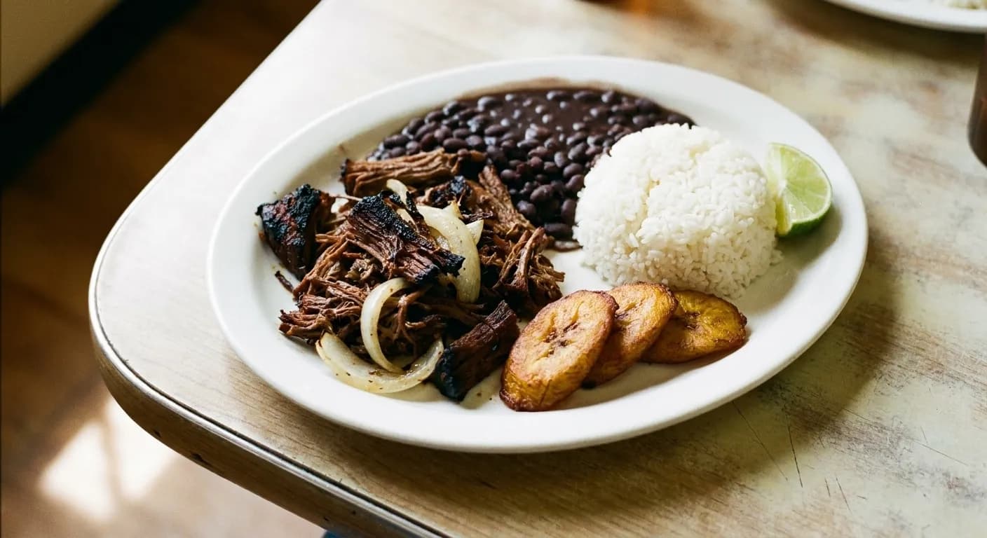 A plate of shredded crisped beef with rice, black beans and fried plantains