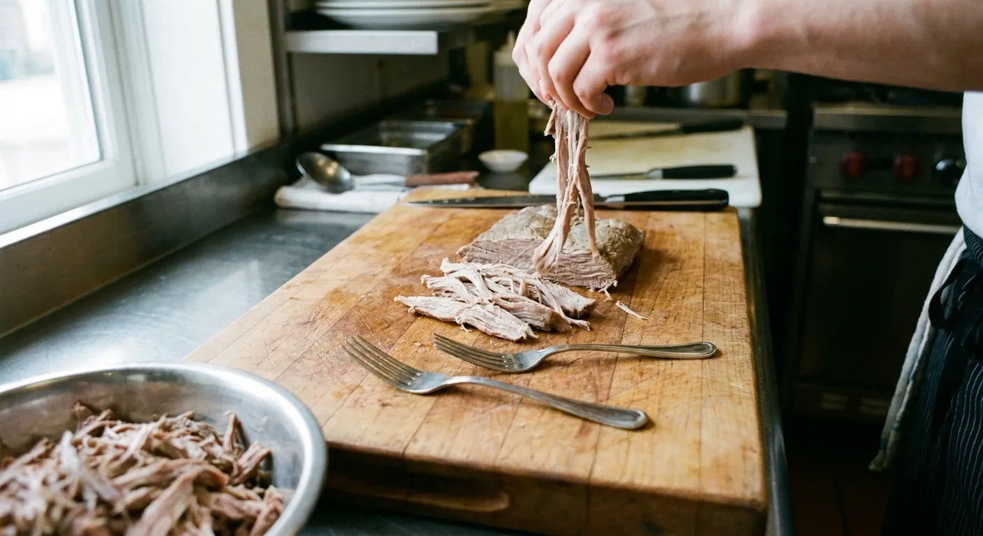 Cooked beef being pulled into strands by hand on a wooden prep board