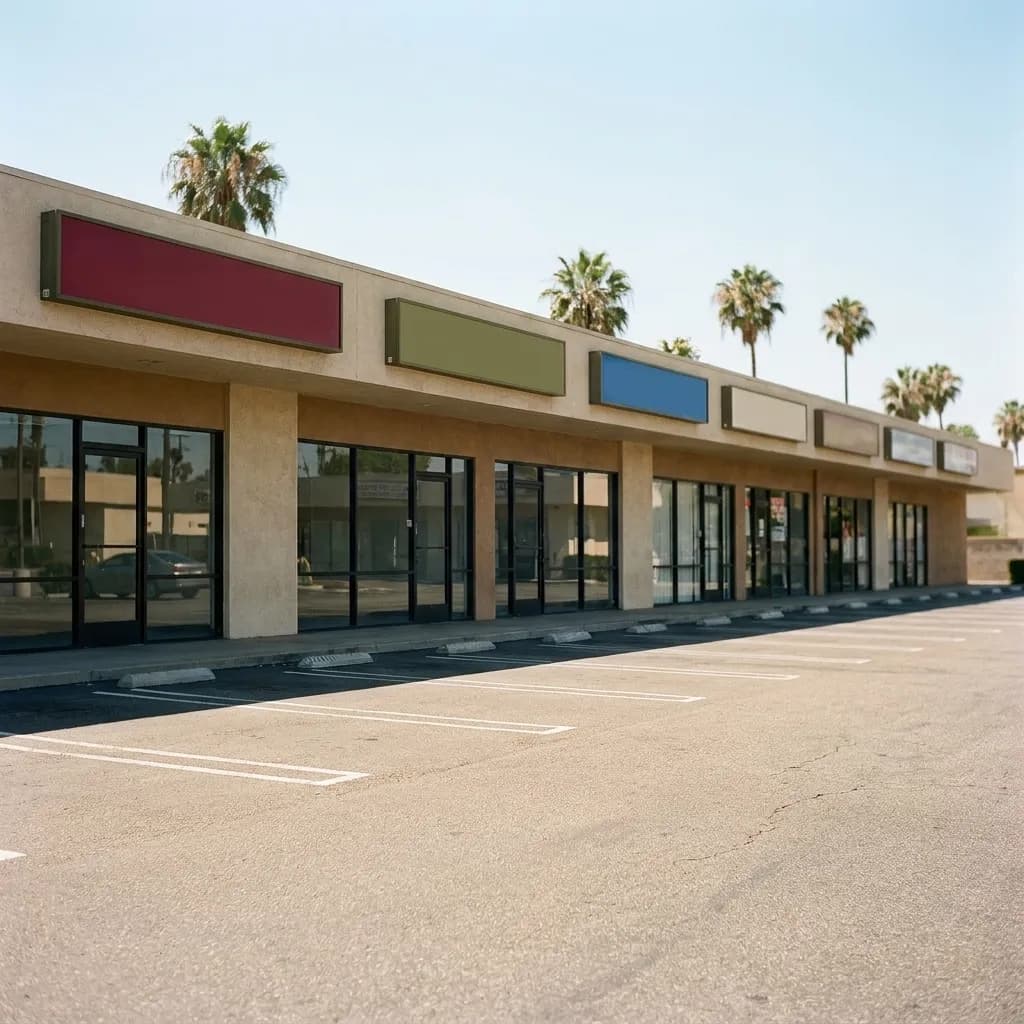 A strip mall frontage with a shared car park in front and low signage above the units