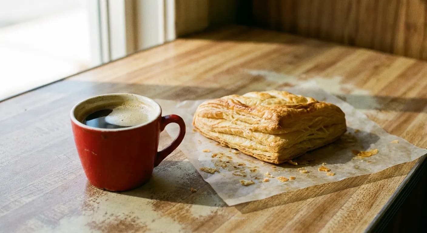 A small cup of dark coffee and a layered pastry on a counter