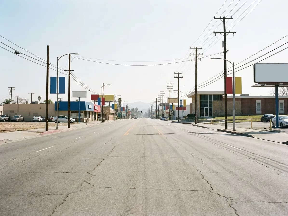 A wide boulevard lined with low buildings and car parks under a bright sky