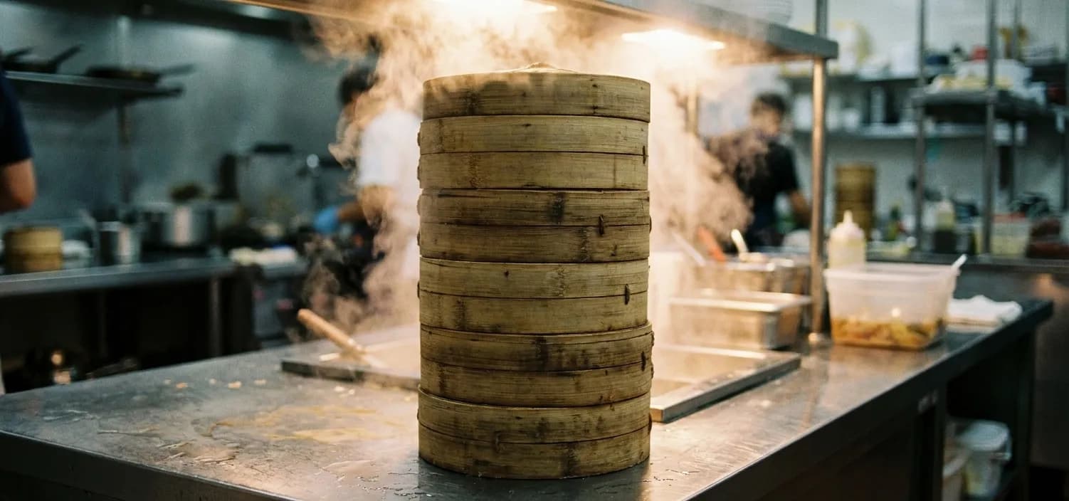 A steamer stack towering on a stainless counter with steam escaping the joints