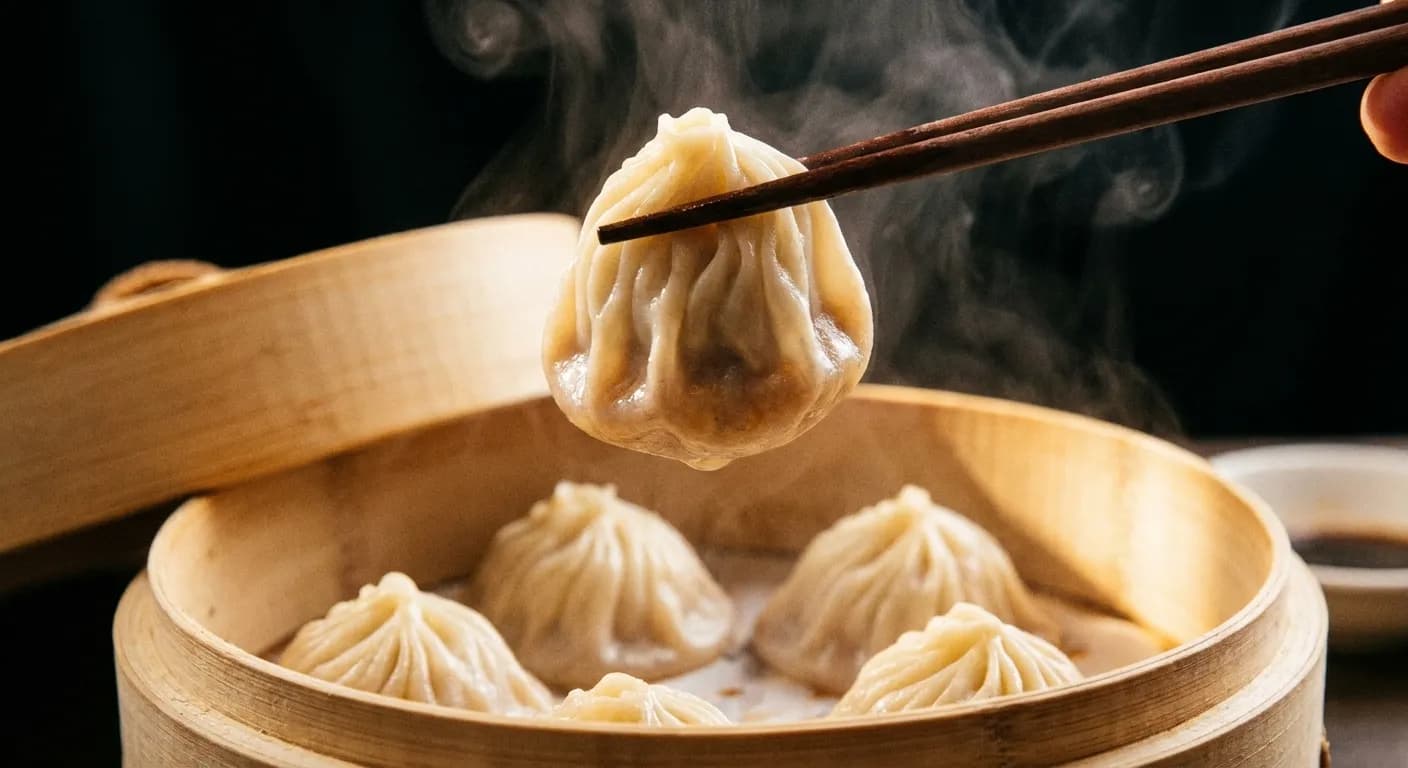 A soup dumpling lifted on chopsticks above an open bamboo steamer