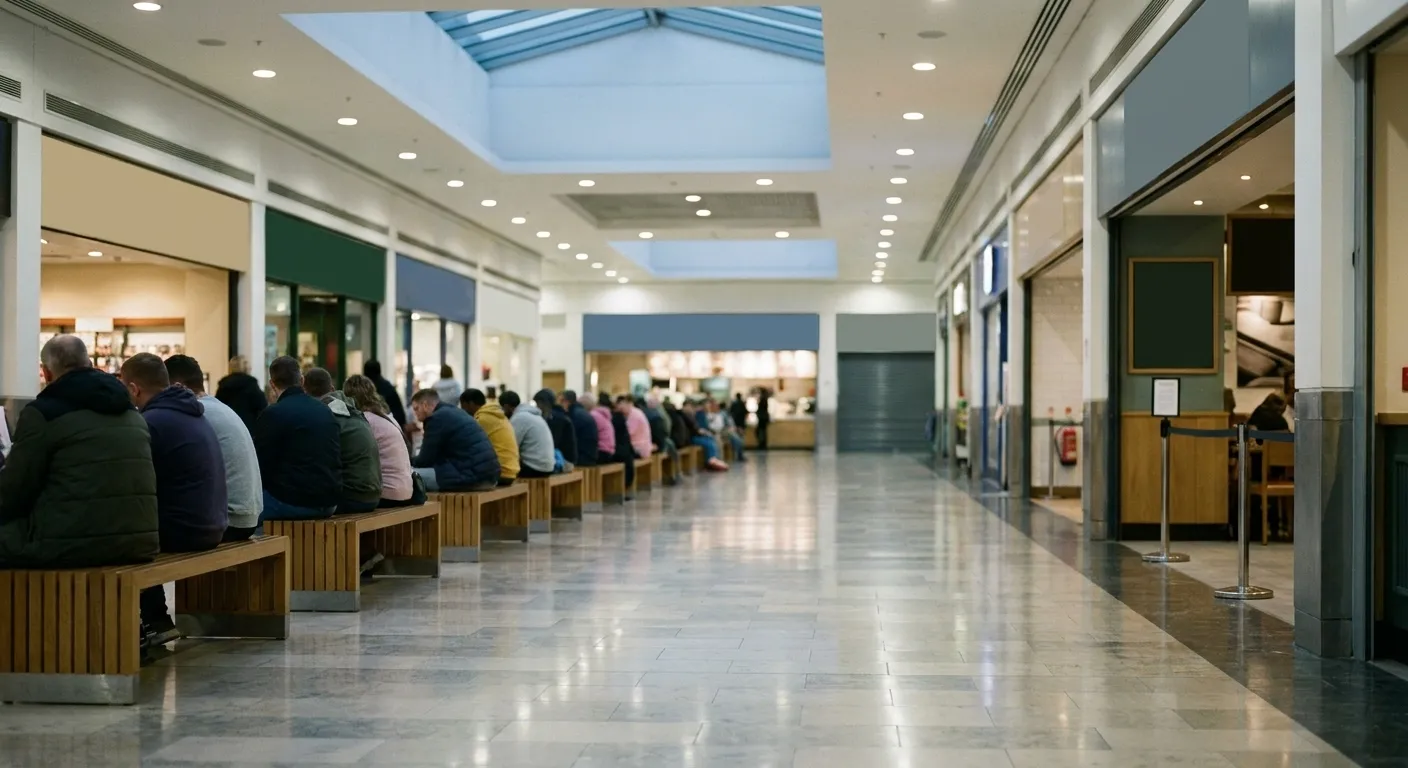 A mall corridor with a long bench of people waiting opposite a restaurant frontage