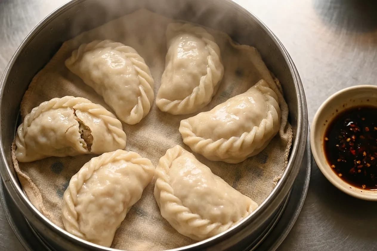 A steamer basket of large pleated dumplings with thick folded edges