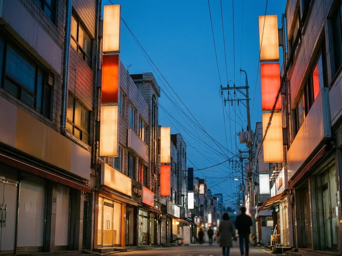 A dense block of low-rise buildings with stacked vertical signage and power lines