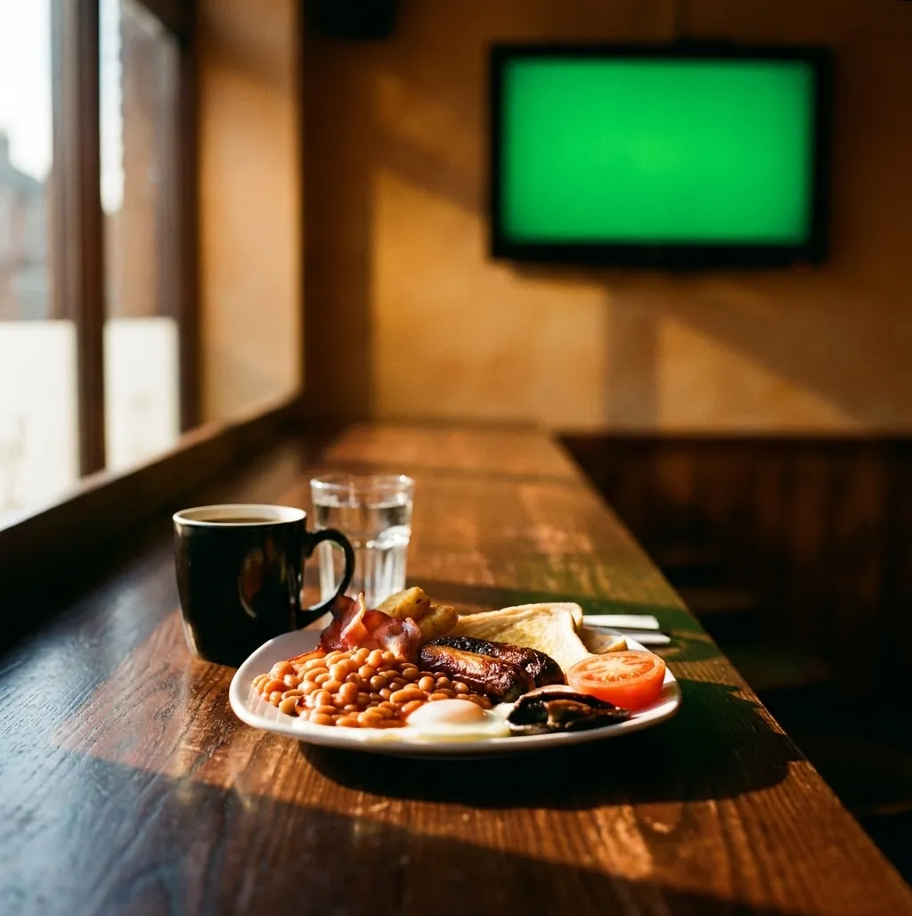 A breakfast plate and a coffee cup on a bar table with a screen behind